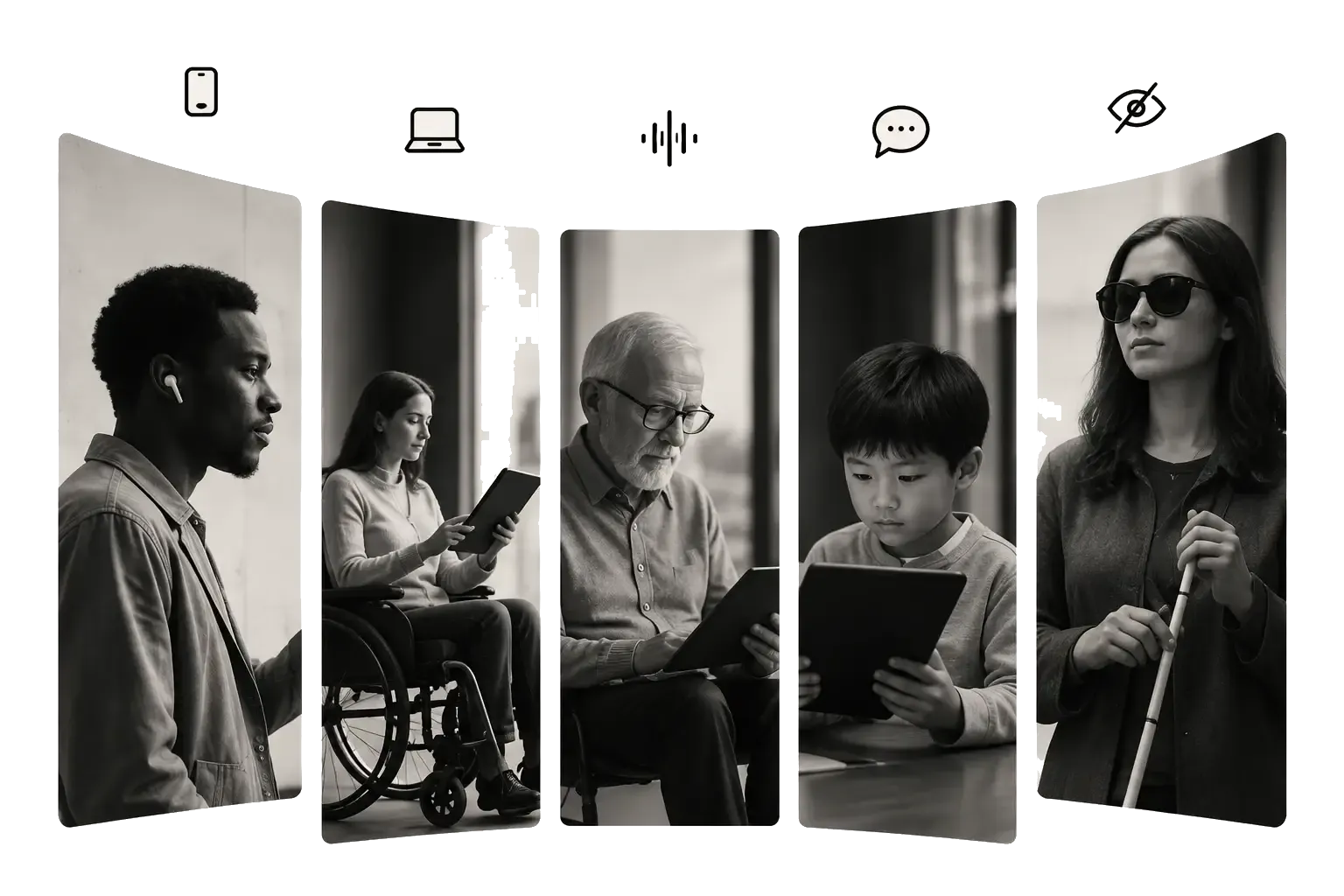 Five portraits, each under the icon of a different channel: a man wearing an earbud, a woman in a wheelchair holding a tablet, an older man reading, a child on a tablet, a blind woman with a white cane.