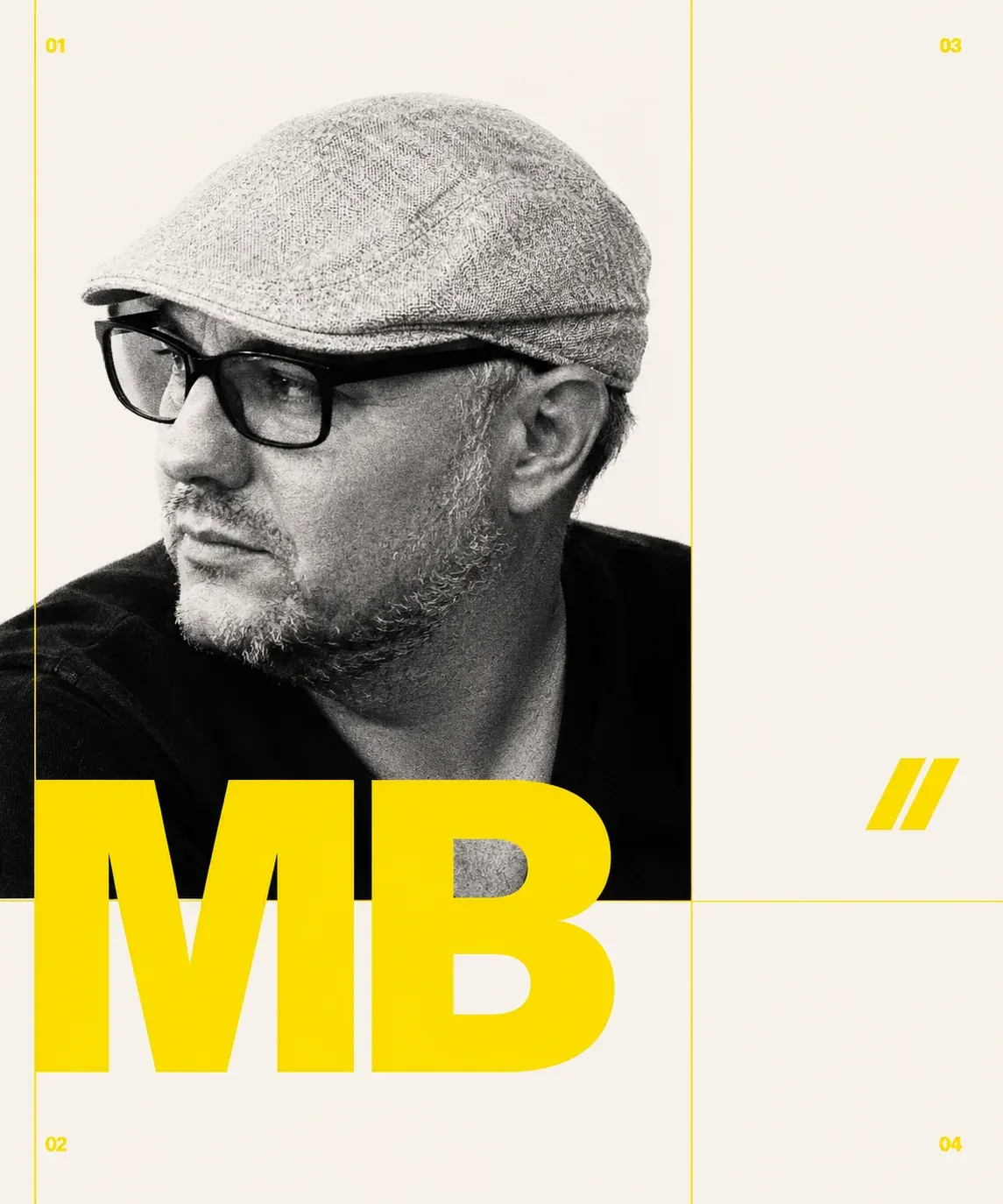 Black-and-white portrait of Mathieu Buonomo in a flat cap and dark glasses, his initials MB set huge in yellow across the bottom of the frame.