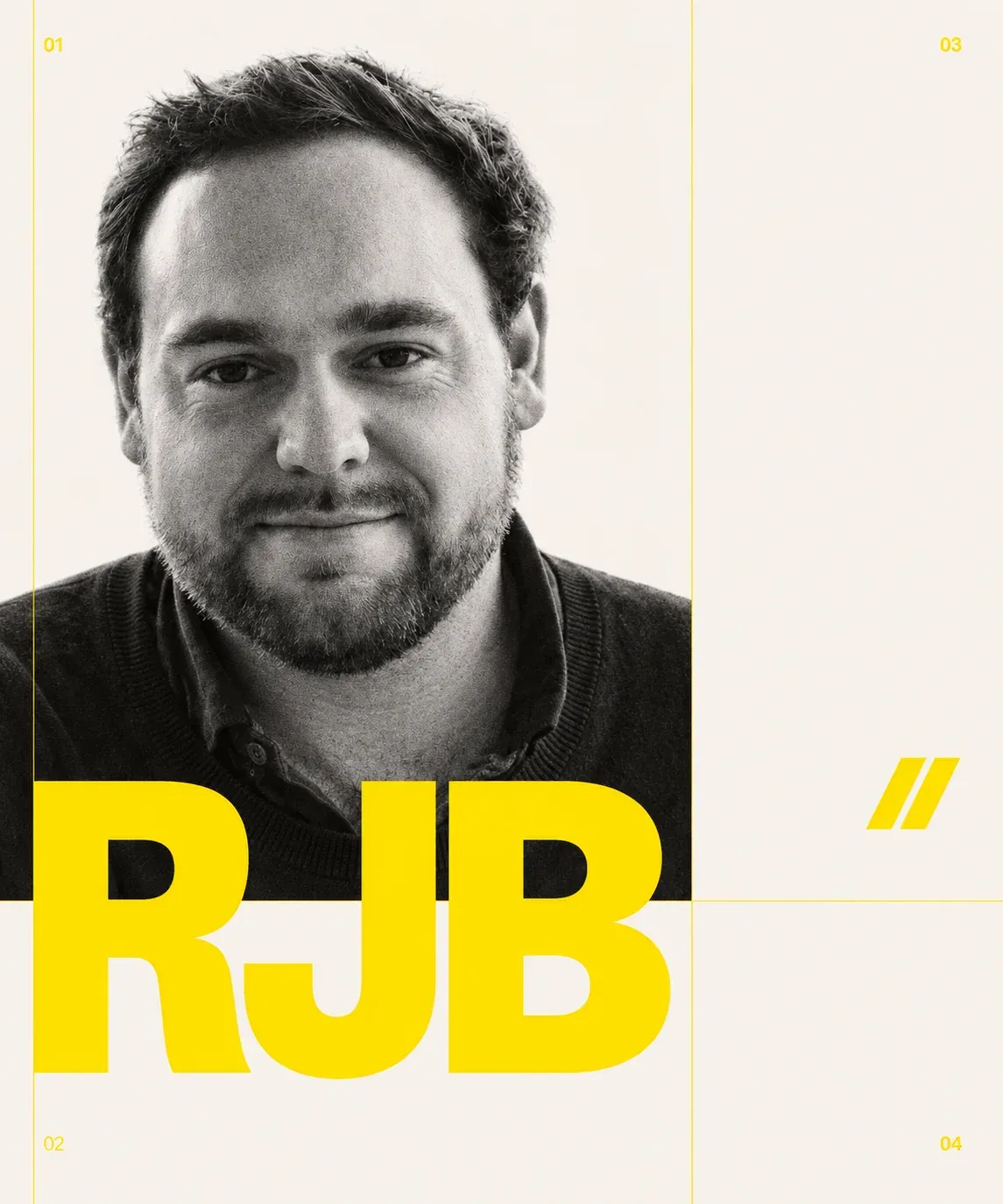 Black-and-white portrait of Rémi Jean Berger, his initials RJB set huge in yellow across the bottom of the frame.