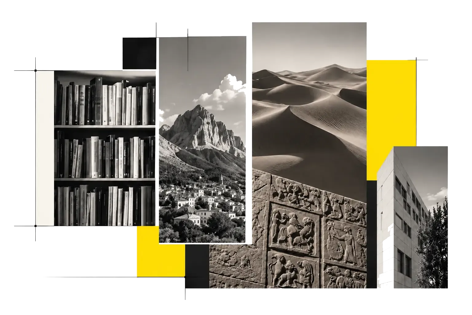 A collage of a full bookshelf, a mountain village, desert dunes, an ancient carved frieze and a modern building.