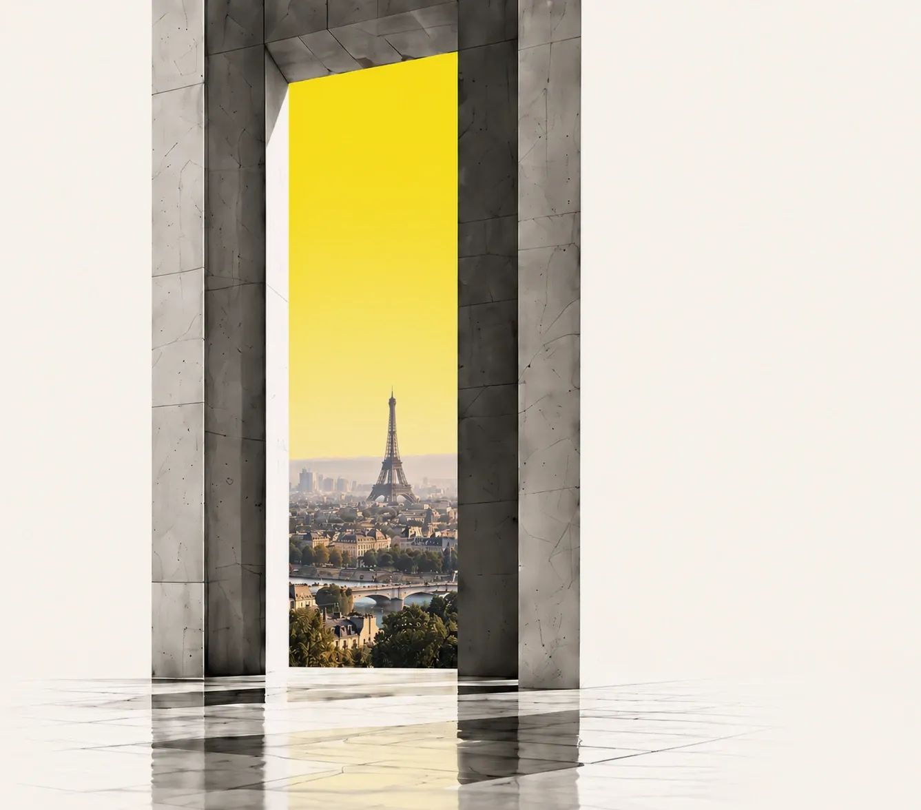 A tall concrete archway framing a yellow sky, with Paris and the Eiffel Tower beyond, mirrored in a polished floor.