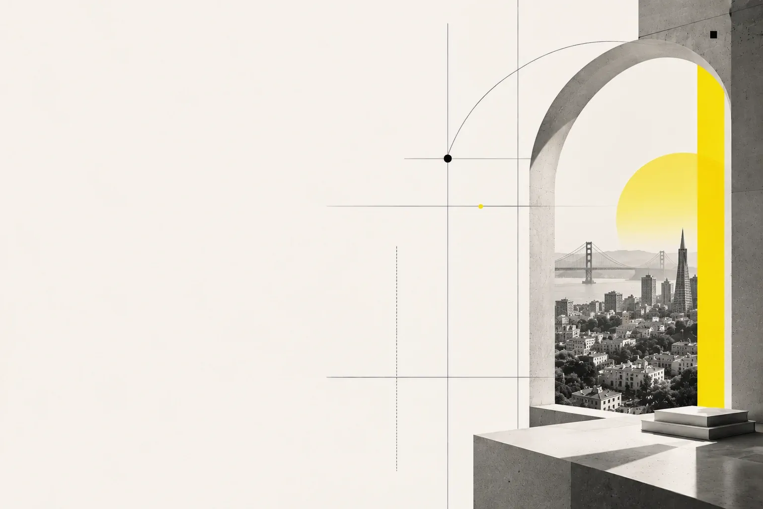 An arched window opening onto San Francisco, the Golden Gate Bridge and the Transamerica Pyramid.