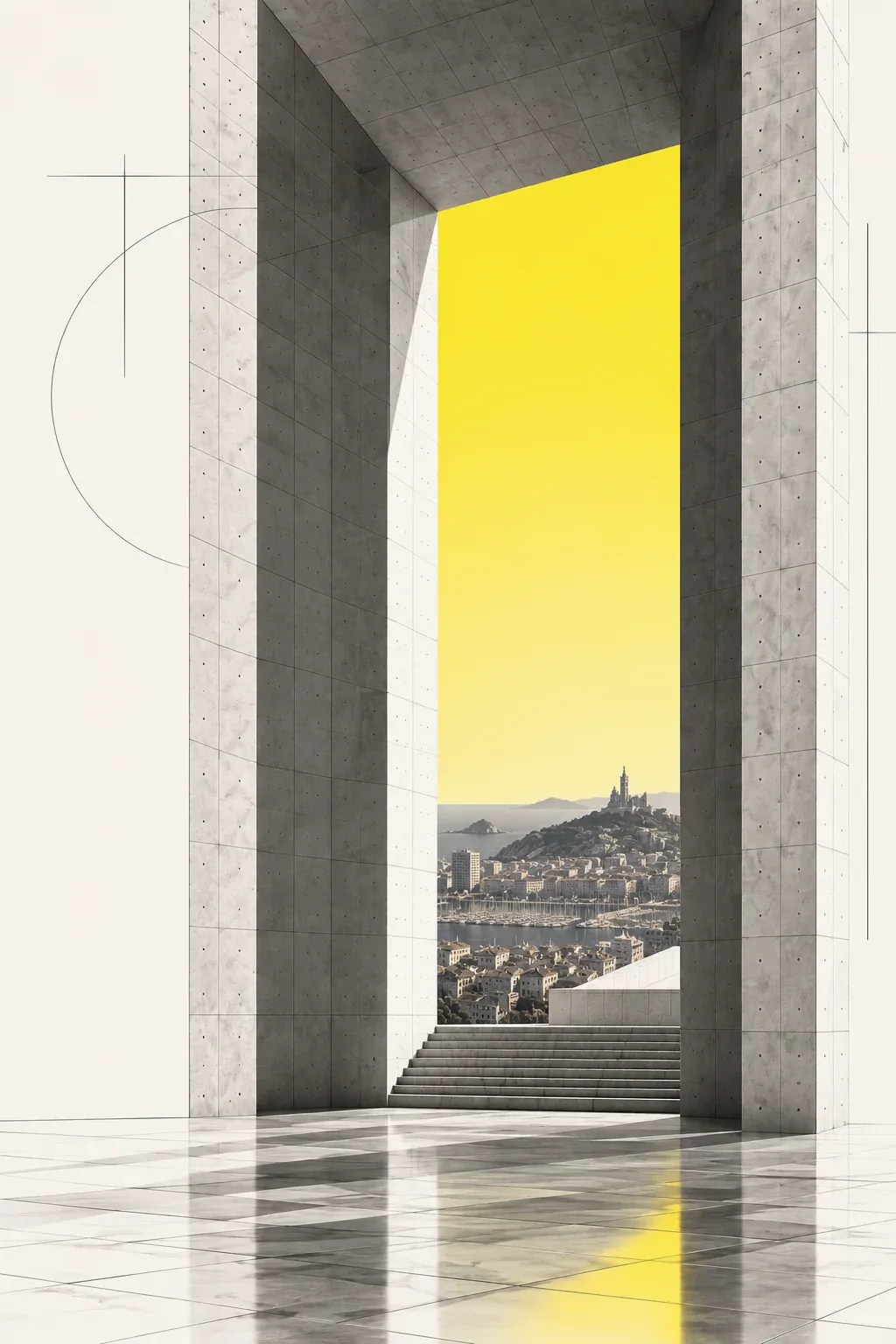 A concrete portal opening onto a sunlit city by the sea, drawn half as architecture and half as blueprint.