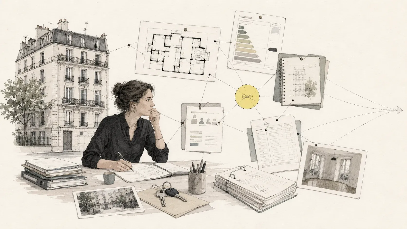 A mass of scattered real estate documents transformed into structured, linked information.
