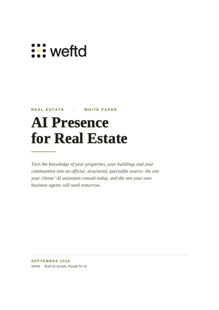 Cover of the Weftd whitepaper: AI presence for real estate, September 2026.