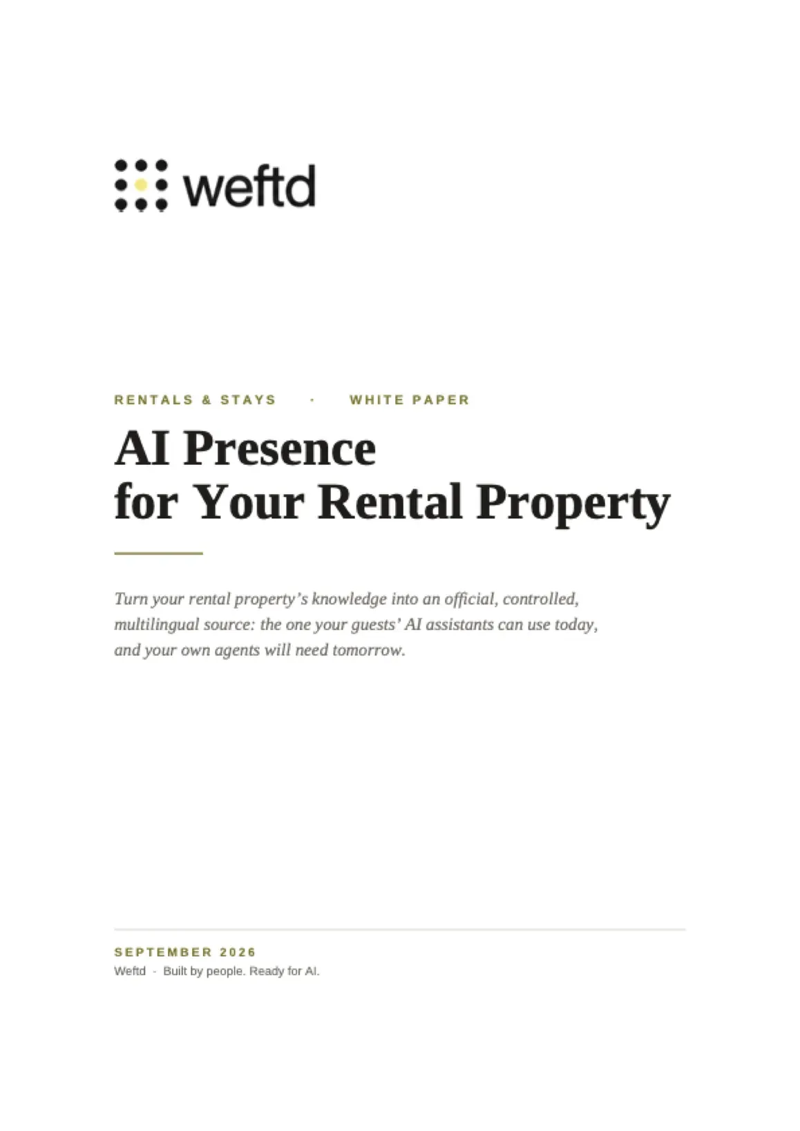 Cover of the Weftd whitepaper "AI presence for your property," September 2026.