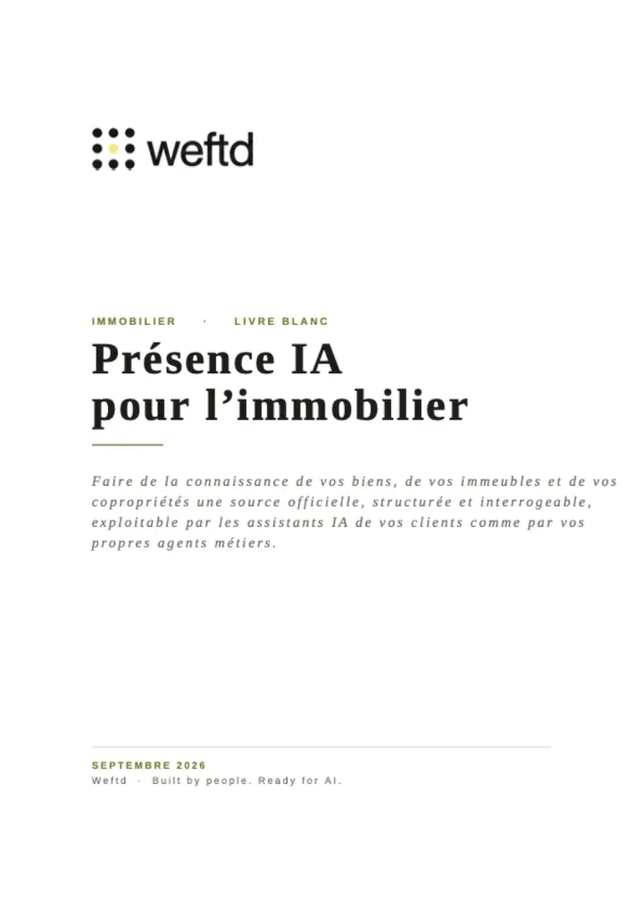 Couverture du livre blanc Weftd Présence IA pour l'immobilier, septembre 2026.