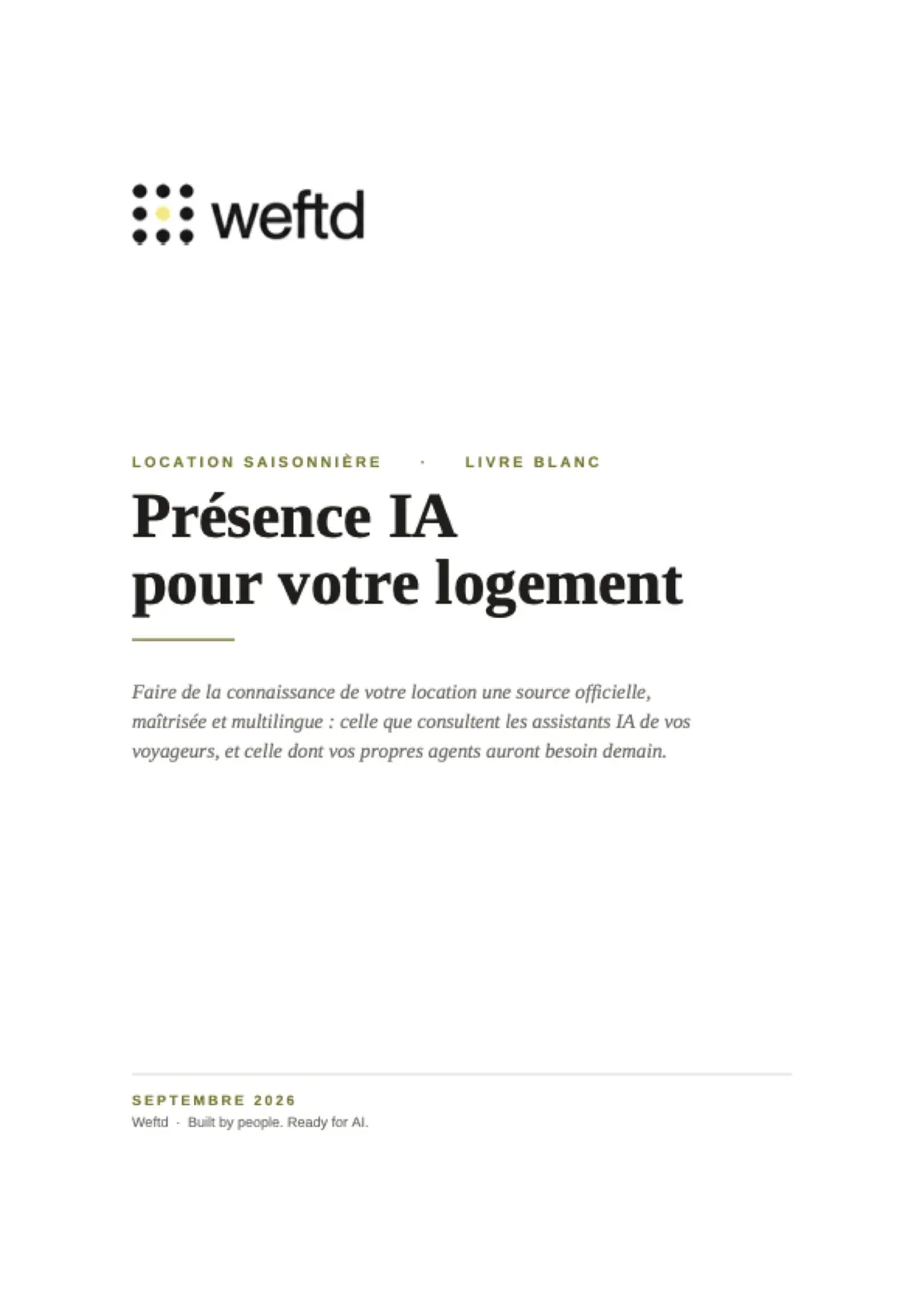 Couverture du livre blanc Weftd « Présence IA pour votre logement », septembre 2026.