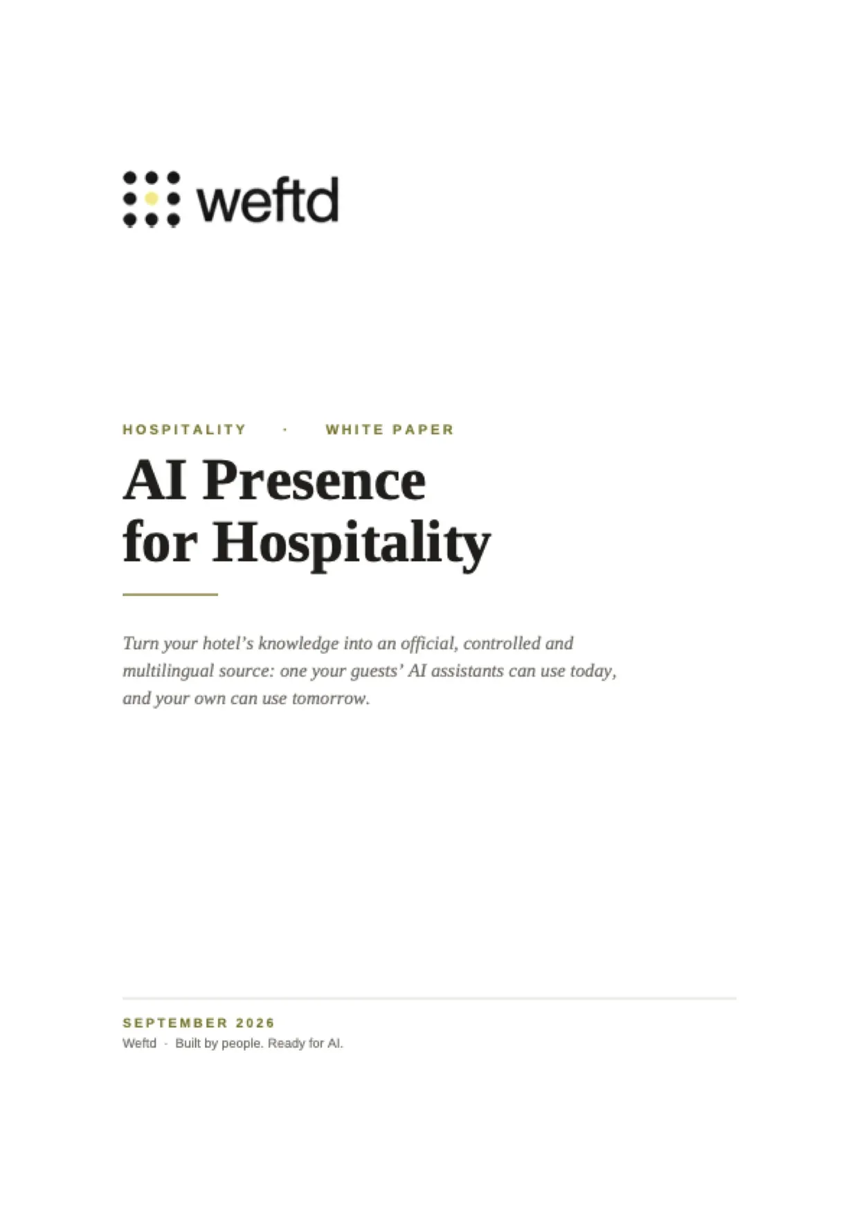 Cover of the Weftd whitepaper "AI presence for hospitality."