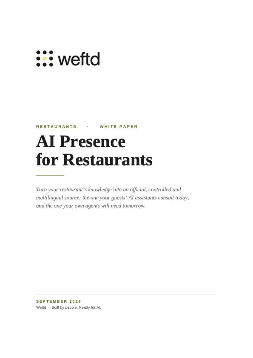Cover of the Weftd whitepaper "AI presence for restaurants," September 2026.