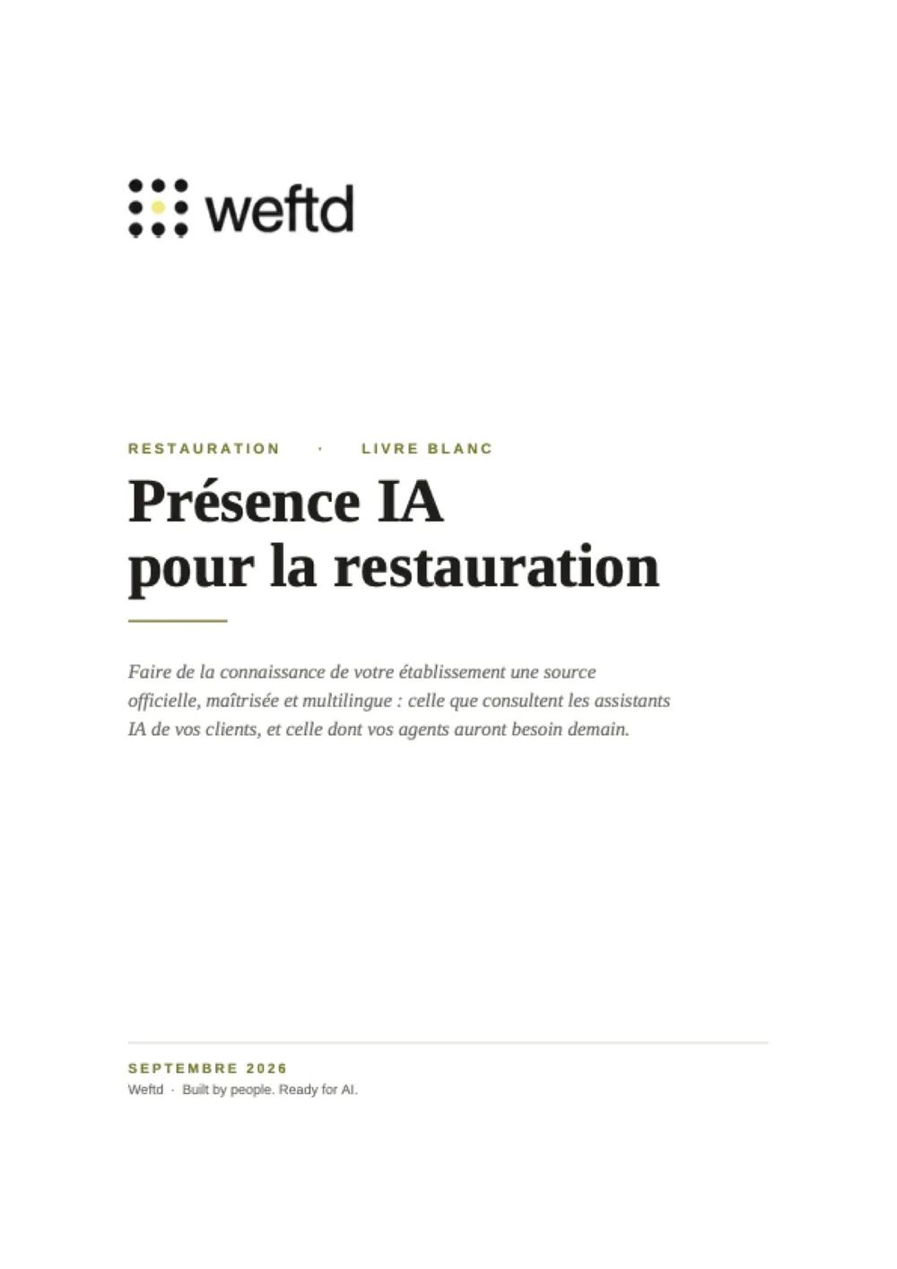Couverture du livre blanc Weftd « Présence IA pour la restauration », septembre 2026.