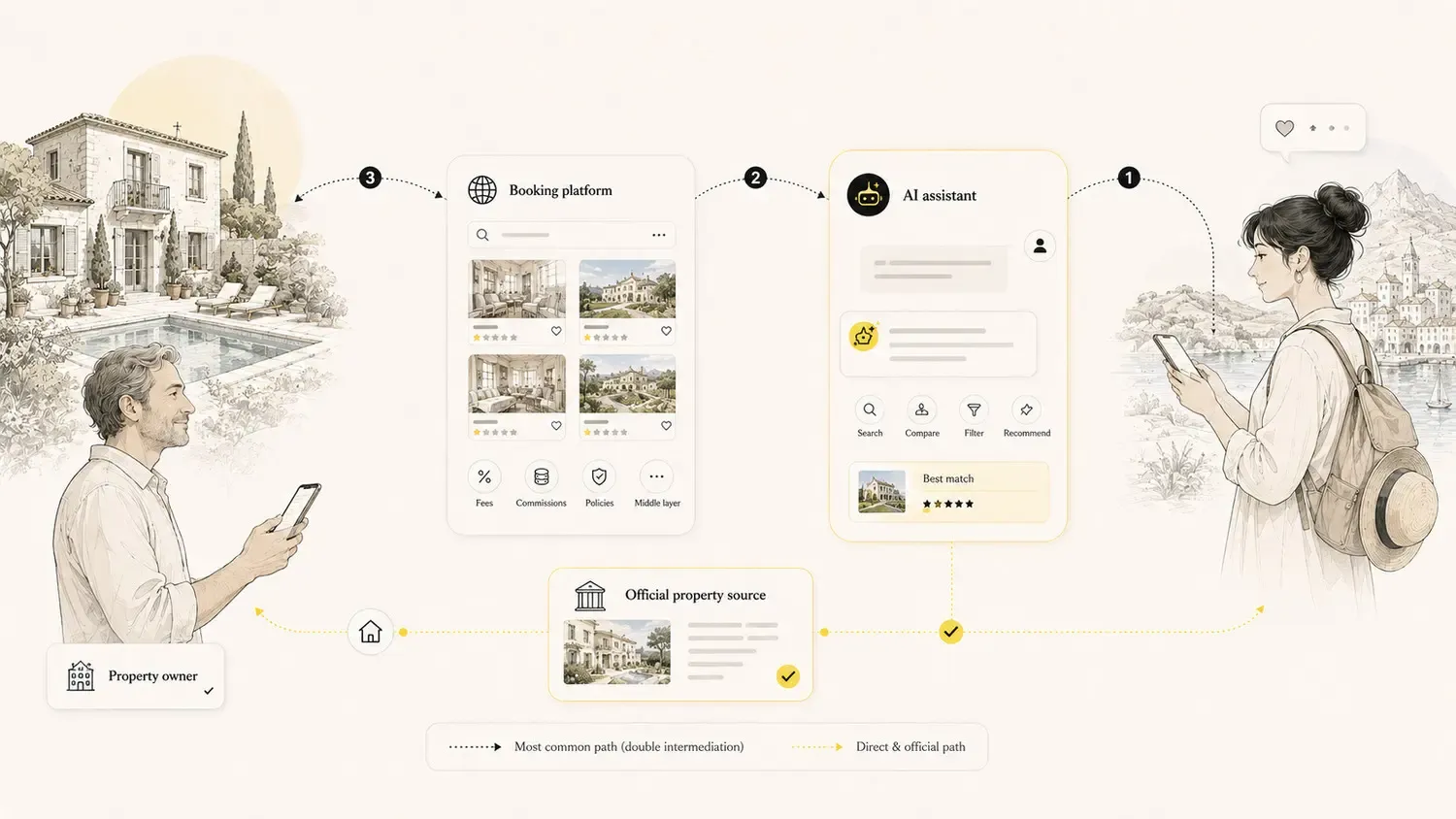 The path between traveler, AI assistant, booking platform, and the property's official source.